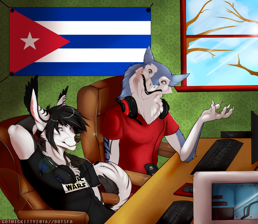 2016 absurd_res anthro ark_dedran black_and_white blue_eyes canine chair cloth clothed clothing computer controller cuba cuban_flag derden desk digital_media_(artwork) dog dotsfa duo flag fur game_controller hair headphones headsets hi_res husky hybrid jex keyboard male mammal monochrome pc_master_race pcmr personal_computer piercing seats sergal shirt sitting star_wars tattoo tongue tree