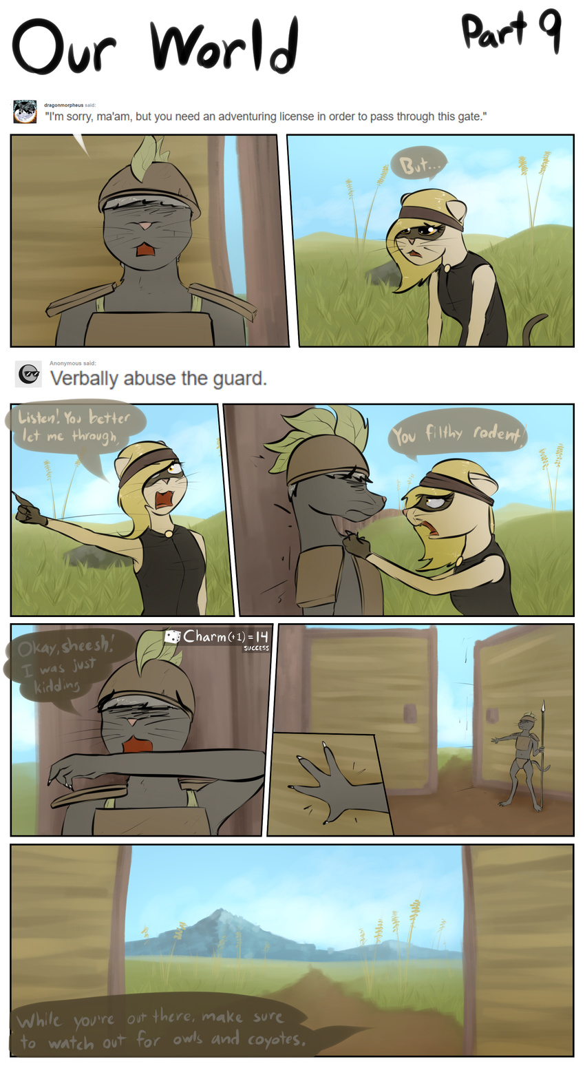 absurd_res adventure armor comic dialogue dice english_text ferret headband hi_res mammal marsminer mustelid story text