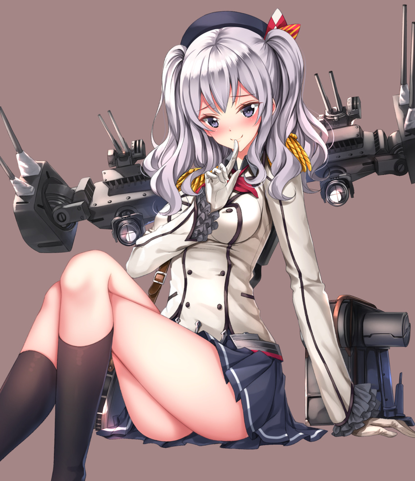 arm_support ass beret black_legwear blush breasts buttons crossed_legs epaulettes finger_to_mouth frilled_sleeves frills gloves grey_eyes hat highres index_finger_raised kantai_collection kashima_(kantai_collection) kerchief kneehighs large_breasts military military_uniform miniskirt pleated_skirt sidelocks silver_hair sitting skirt smile solo swordsouls tsurime twintails uniform wavy_hair white_gloves