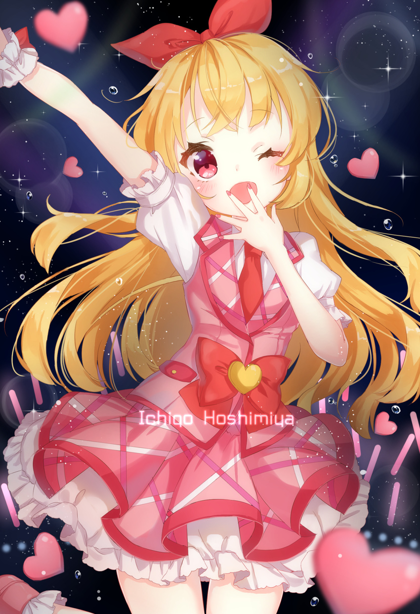 ;d aikatsu! aikatsu!_(series) arm_up blonde_hair blush bow character_name covering_mouth dress frilled_dress frills glowstick hair_bow hair_ribbon heart highres hoshimiya_ichigo jimmy long_hair looking_at_viewer nail_polish necktie night night_sky one_eye_closed open_mouth red_eyes ribbon short_sleeves sky smile solo star_(sky) starry_sky water_drop wrist_cuffs