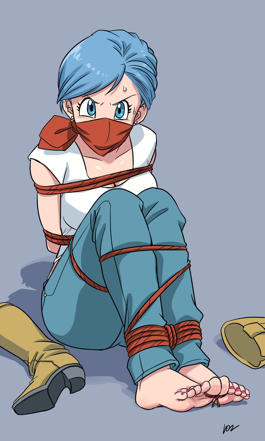 bandana_over_mouth barefoot blue_eyes blue_hair boots boots_removed bound breasts bulma cleavage cloth_gag dragon_ball dragon_ball_super earrings feet footwear_removed full_body gag gagged highres improvised_gag jewelry knee_boots lost_one_zero medium_breasts nail_polish official_style over_the_mouth_gag over_the_nose_gag red_nails rope shadow shoes_removed short_hair signature solo sweat tied_up toenail_polish yellow_footwear