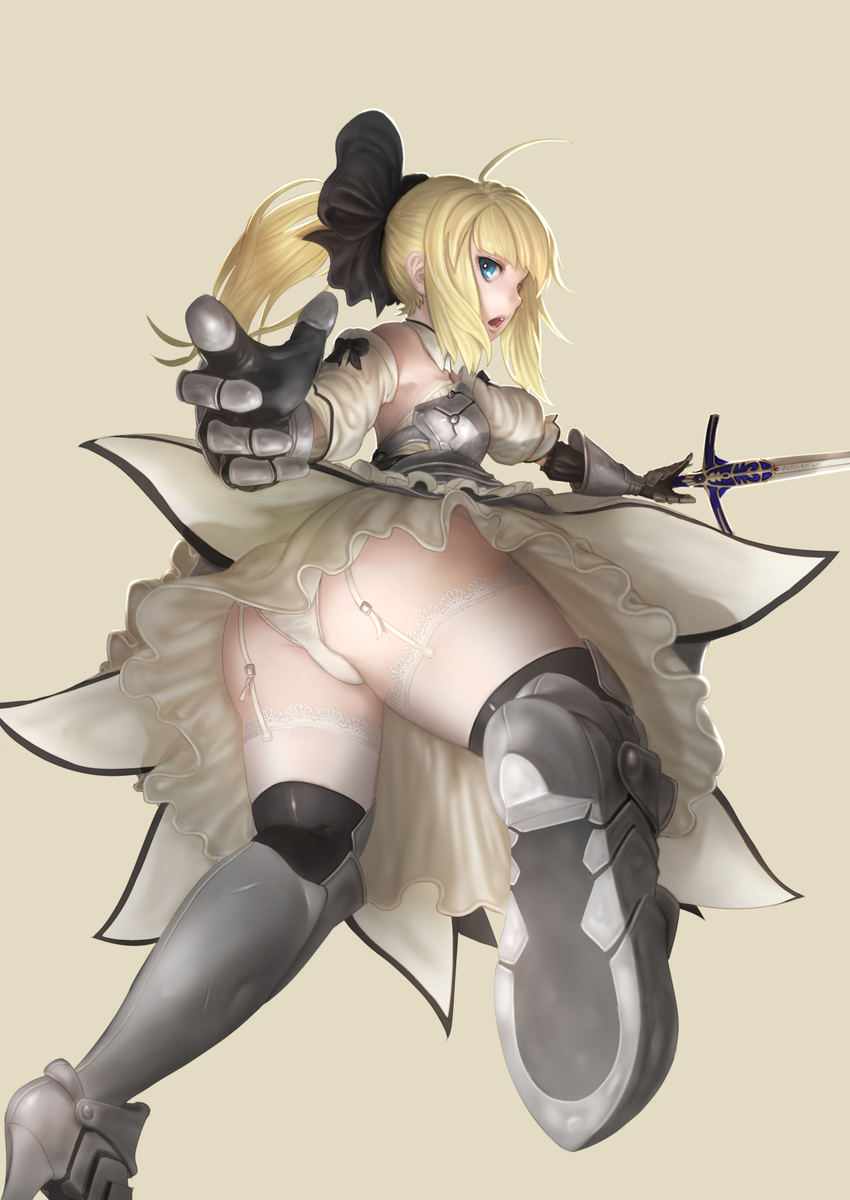 artoria_pendragon_(all) ass banajune bare_shoulders blonde_hair blue_eyes breastplate excalibur fate/stay_night fate/unlimited_codes fate_(series) garter_straps gauntlets highres lace lace-trimmed_thighhighs long_hair looking_at_viewer panties ponytail sabaton saber saber_lily solo sword thighhighs thighs underwear upskirt weapon white_panties