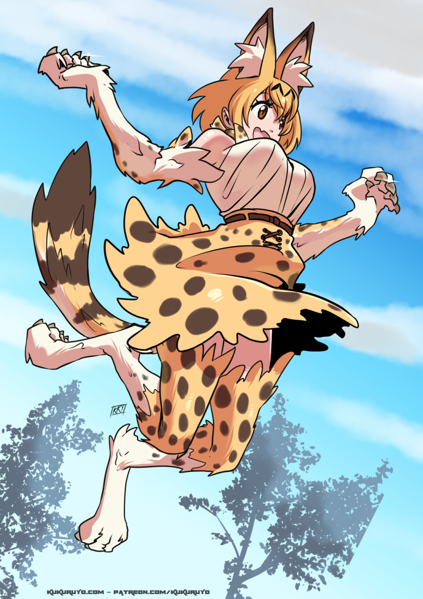 1girl :d animal_ear_fluff animal_ears bare_shoulders belt blonde_hair blue_sky claws commentary day english_commentary extra_ears fang full_body fur high-waist_skirt highres jumping kemono_friends kukuruyo looking_away monster_girl open_mouth orange_eyes outdoors paws print_legwear print_neckwear print_skirt serval_(kemono_friends) serval_ears serval_print serval_tail shirt short_hair signature skirt sky smile solo tail thighhighs tree watermark web_address white_shirt