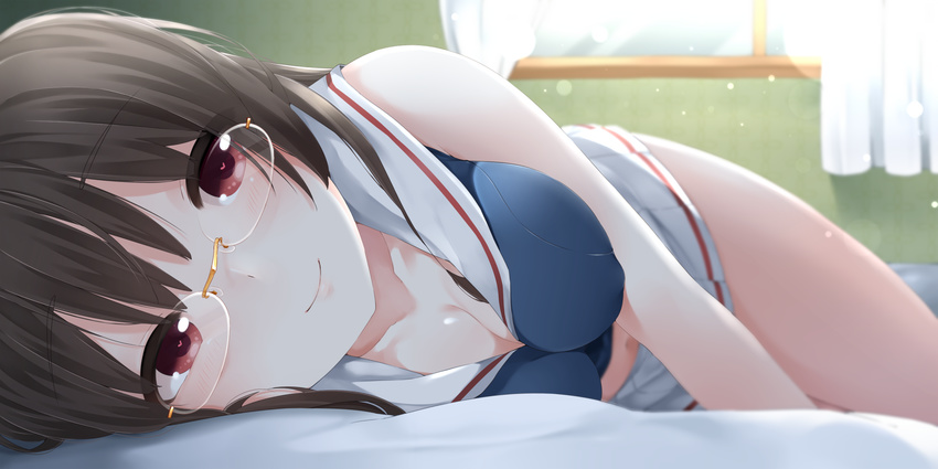 bare_shoulders black_hair blurry blush breasts choukai_(kantai_collection) curtains depth_of_field eyebrows eyebrows_visible_through_hair glasses heart heart-shaped_pupils highres kantai_collection long_hair looking_at_viewer lying medium_breasts navel on_side pleated_skirt red_eyes rimless_eyewear school_uniform skirt smile solo symbol-shaped_pupils white_skin window yukichi_(sukiyaki39)