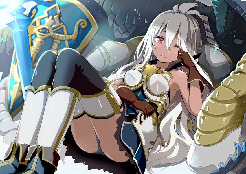 ahoge armor armored_dress bare_shoulders black_panties blush boots breasts dark_skin dress gloves gochou_(atemonai_heya) granblue_fantasy long_hair looking_at_viewer panties pantyshot pantyshot_(sitting) red_eyes shield sitting sleepy small_breasts solo sword thighhighs underwear very_long_hair weapon white_hair wiping_eyes zooey_(granblue_fantasy)