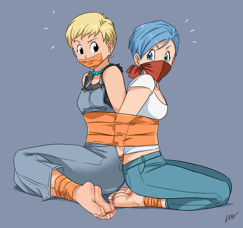 back-to-back bandana_over_mouth barefoot bead_necklace beads black_eyes blonde_hair blue_eyes blue_hair bound breasts bulma cleavage dragon_ball dragon_ball_super earrings feet gag highres improvised_gag jewelry lost_one_zero medium_breasts multiple_girls necklace official_style overalls raised_eyebrow raised_eyebrows shirt short_hair siblings signature sisters small_breasts tape tape_gag tied_up tights_(ginga_patrol_jaco) torn_clothes torn_shirt