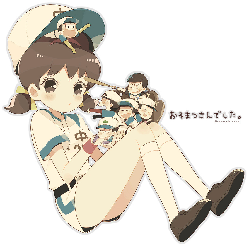 6+boys :3 :o bad_id bad_pixiv_id bangs baseball_bat baseball_cap baseball_mitt baseball_uniform belt black_eyes black_hair blush brothers brown_eyes brown_footwear brown_hair chibi closed_eyes clothes_writing eyebrows eyebrows_visible_through_hair full_body hair_ribbon hairband happy hat heart heart_eyes heart_in_mouth hetero highres holding hug in_palm kneehighs long_sleeves looking_at_another low_twintails lying male_harem matsuno_choromatsu matsuno_ichimatsu matsuno_juushimatsu matsuno_karamatsu matsuno_osomatsu matsuno_todomatsu miniboy mochi730 multiple_boys on_head on_stomach osomatsu-kun osomatsu-san outstretched_arm person_on_head ribbon sextuplets shoes short_over_long_sleeves short_sleeves short_twintails shorts siblings sitting smile sportswear stitches text_focus twintails twitter_username white_background white_legwear wristband yowai_totoko