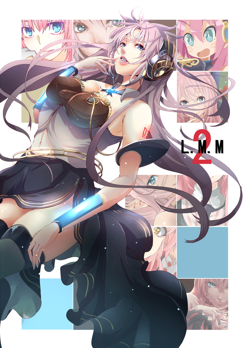 bare_shoulders black_legwear blue_eyes blue_nails detached_collar endou_(zettai_bluenoid) headphones highres jewelry lips long_hair looking_to_the_side megurine_luka megurine_luka_(vocaloid4) multiple_views nail_polish navel necklace open_mouth parted_lips side_slit tattoo thighhighs v4x very_long_hair vocaloid wrist_cuffs