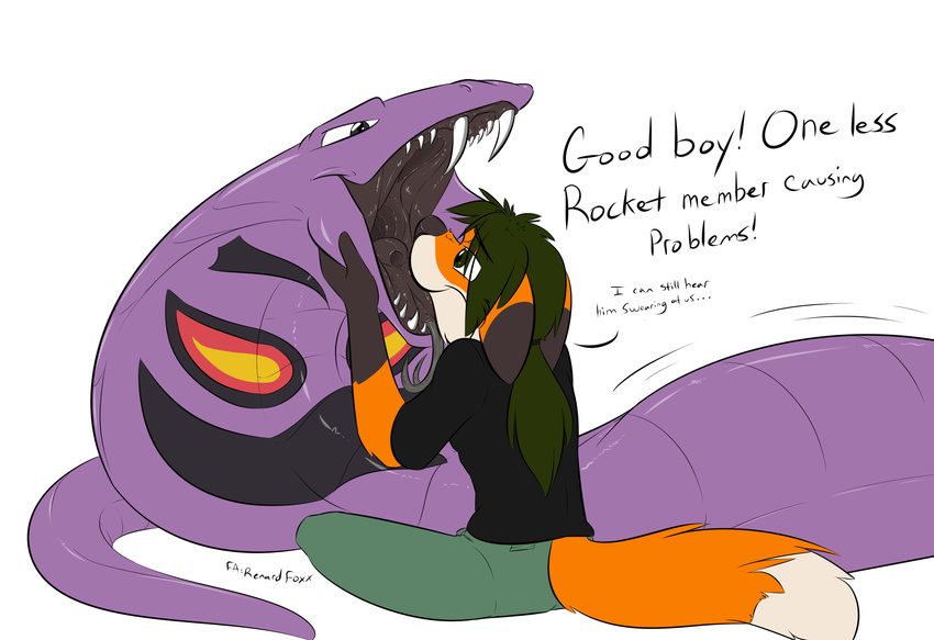abdominal_bulge anthro arbok canine clothing cobra fangs feral fox hair male mammal nintendo open_mouth oral_vore pok&eacute;mon renard_foxx reptile scalie simple_background smile snake soft_vore teeth tongue tongue_out video_games vore