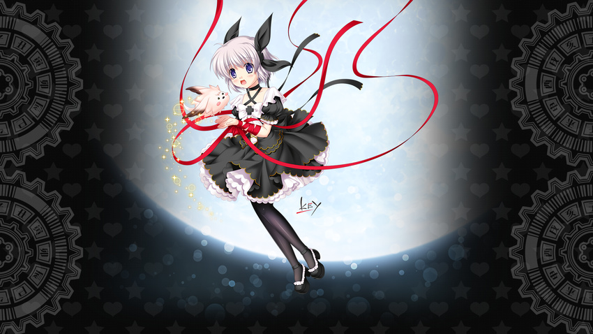 black kagari_(rewrite) key logo moon rewrite ribbons short_hair stars visualart white_hair