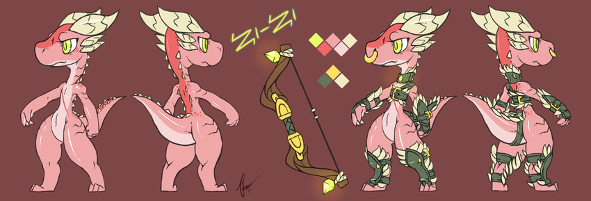 2016 armor bow claws clothed clothing digital_media_(artwork) dungeons_&amp;_dragons facial_piercing female gold_(metal) hi_res horn kobold leather leather_armor lizard model_sheet nose_piercing nose_ring pathfinder piercing pink_scales reptile scales scalie spikes zi-tei
