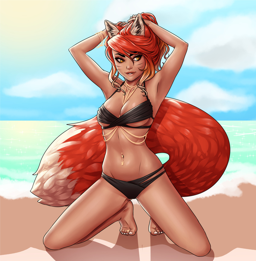 &lt;3 animal_humanoid bikini canine clothed clothing female figgylicious fox fox_humanoid hair humanoid jewelry long_hair looking_at_viewer mammal necklace red_hair ribbons swimsuit yellow_eyes