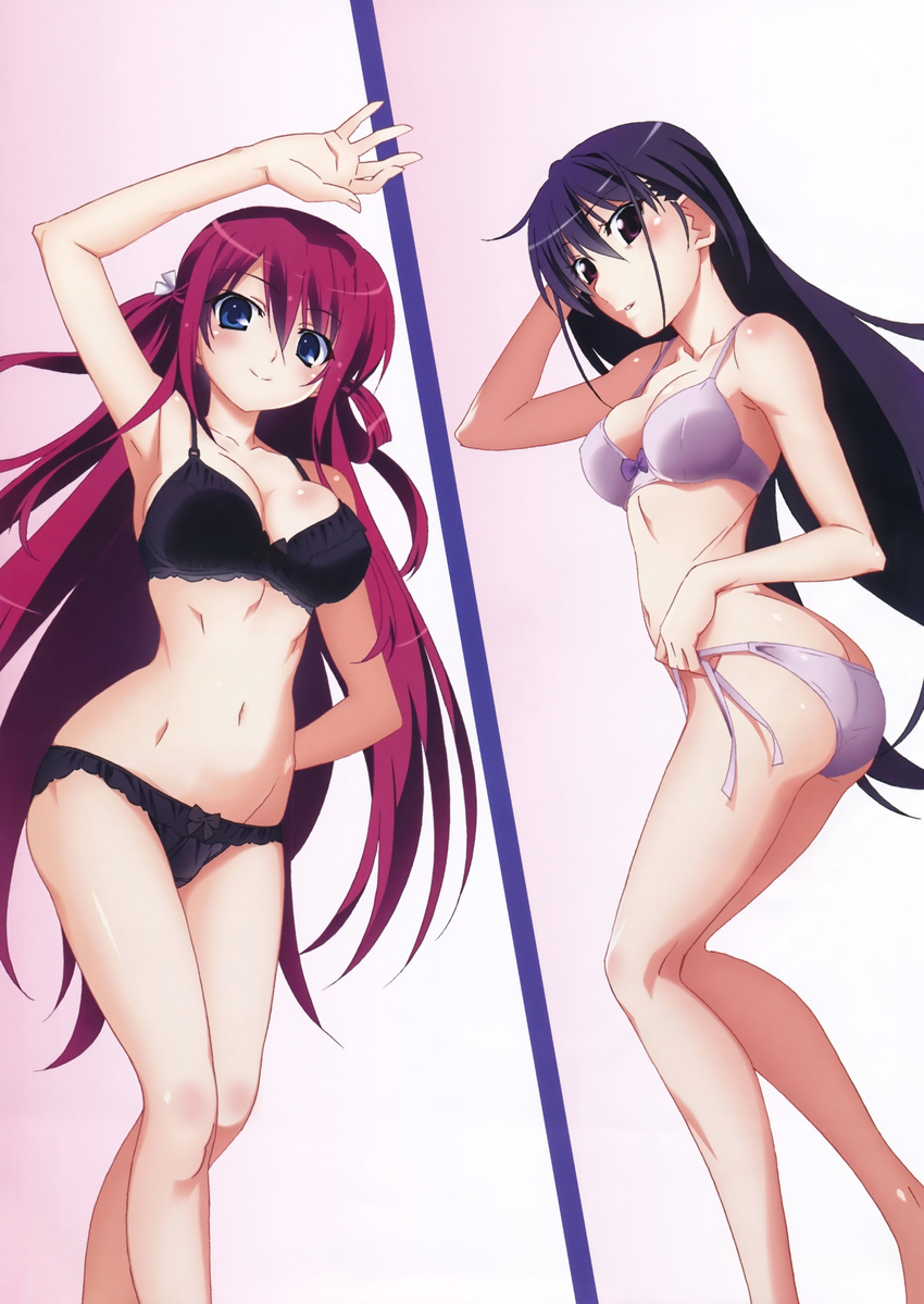 ass blue_eyes blush bra breasts brown_eyes cleavage grisaia_(series) grisaia_no_kajitsu highres large_breasts long_hair looking_at_viewer multiple_girls navel official_art panties pantsu purple_hair red_hair sakaki_yumiko smile standing string_panties suou_amane underwear undressing very_long_hair