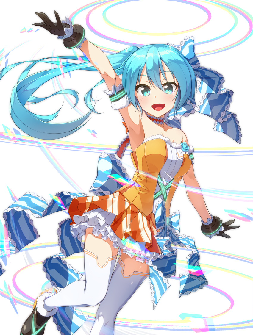 :d aqua_eyes aqua_hair arm_up armlet armpits ass_visible_through_thighs bare_shoulders black_footwear black_gloves blue_bow blush bow breasts choker cleavage decorator_(vocaloid) eyebrows eyebrows_visible_through_hair frilled_skirt frills fur_trim gloves hair_bow hatsune_miku highres kuroneko_shiro layered_skirt leg_up long_hair looking_at_viewer medium_breasts open_mouth orange_skirt outstretched_arm pleated_skirt project_diva_(series) project_diva_f_2nd shoes simple_background skirt smile solo standing standing_on_one_leg tareme thigh_gap thighhighs vocaloid white_background white_legwear zettai_ryouiki