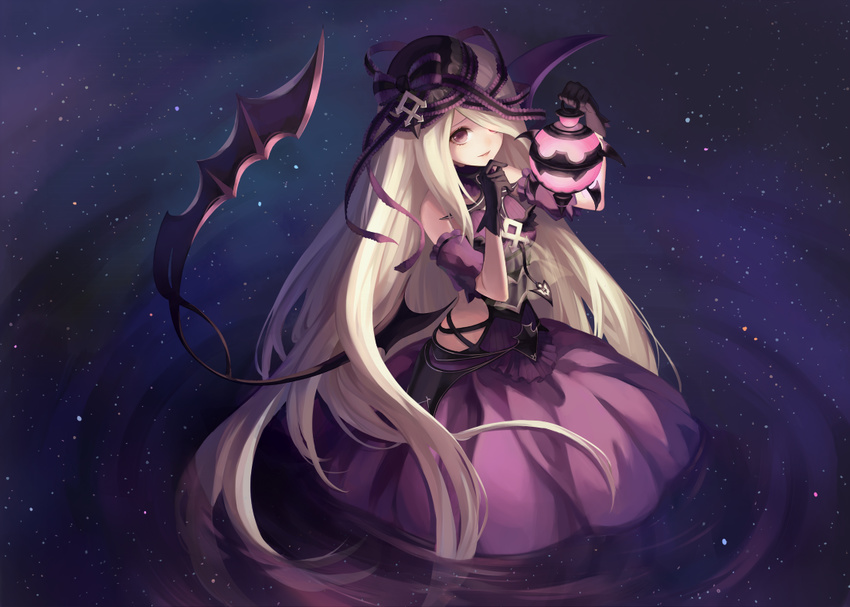bare_shoulders blonde_hair bow collar detached_sleeves dress frills gloves gothic_lolita hair_over_one_eye hand_to_own_mouth hat holding holding_lantern lantern lolita_fashion long_hair open_mouth pandora_(p&amp;d) purple_eyes puzzle_&amp;_dragons ribbon ripples side_cutout sitting sky solo star_(sky) starry_sky strap very_long_hair wings zek_(zecola)
