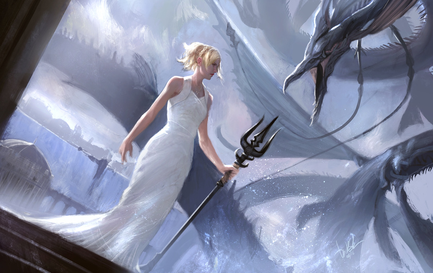 1girl blonde_hair diego_cunha dress final_fantasy final_fantasy_xv leviathan_(final_fantasy) lunafreya_nox_fleuret monster necklace sleeveless sleeveless_dress spear square_enix trident white_hair