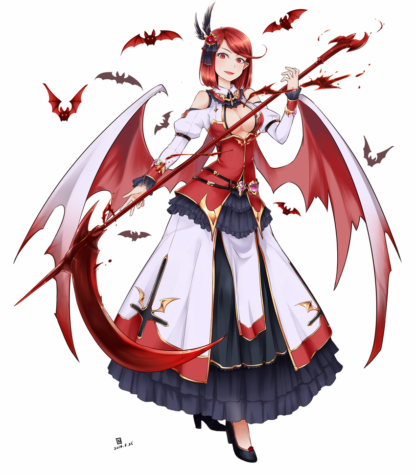 bare_shoulders bat bat_wings blood breasts cleavage cleavage_cutout hair_ornament high_heels highres large_breasts looking_at_viewer nam_(valckiry) open_mouth original pointy_ears red_eyes red_hair scythe short_hair solo vampire wings