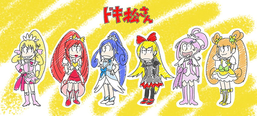 aida_mana blonde_hair blue_bow blue_eyes blue_hair boots bow brown_hair choker cure_ace cure_diamond cure_heart cure_rosetta cure_sword dokidoki!_precure double_bun flower hair_bow hair_ornament hand_on_hip heart hishikawa_rikka jewelry kenzaki_makoto kumagai_haito long_hair madoka_aguri magical_girl multiple_girls osomatsu-san parody pink_hair ponytail precure purple_eyes purple_hair purple_skirt red_eyes red_hair regina_(dokidoki!_precure) skirt smile spade_hair_ornament style_parody thigh_boots thighhighs translated twintails yotsuba_alice