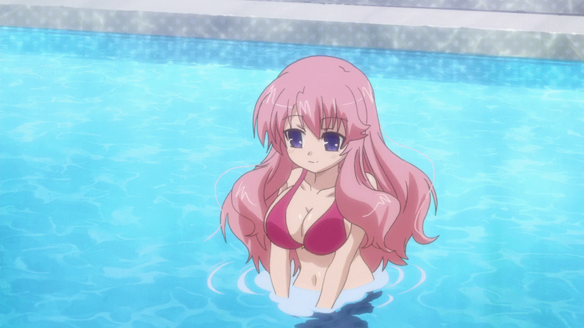 1girl animated animated_gif baka_to_test_to_shoukanjuu bikini bouncing_breasts breasts cleavage himeji_mizuki large_breasts long_hair pink_hair pool splash swimsuit water