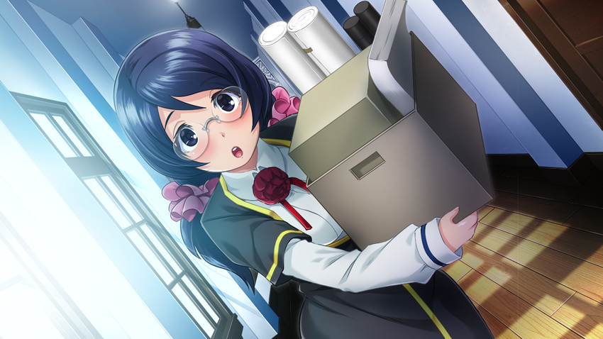 1girl :o blue_hair blush box breasts butcha-u carrying collared_shirt dutch_angle eyebrows eyebrows_visible_through_hair game_cg glasses hair_ribbon highres indoors long_hair long_sleeves looking_at_viewer meikoku_gakuen_jutai_hen:_onegaishimasu......_sensei_no_seieki_de,_watashi-tachi_wo_tasukete_hoshiin_desu! parted_lips purple_eyes ribbon school school_hall school_uniform semi-rimless_glasses shiny shiny_hair solo standing sunlight tadokoro_aoi twintails wooden_floor