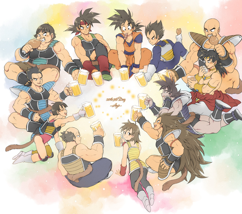 armband armor ayo_(isy8800) bad_id bad_pixiv_id bald bardock beer beer_mug black_eyes black_hair boots broly brown_hair clenched_hand closed_eyes cup dated dougi dragon_ball dragon_ball_z drinking_glass eating facial_hair facial_scar food food_in_mouth gine gloves head_rest holding holding_cup indian_style jewelry knee_pads kneeling leotard long_hair looking_back lying meat monkey_tail mouth_hold muscle mustache nappa neck_ring on_stomach open_mouth panbukin_(dragon_ball) raditz scar scar_on_cheek seripa short_hair sitting smile son_gokuu spiked_hair tail toast_(gesture) toma_(dragon_ball) toteppo tullece vegeta very_long_hair what_if white_footwear white_gloves widow's_peak wrist_cuffs wristband