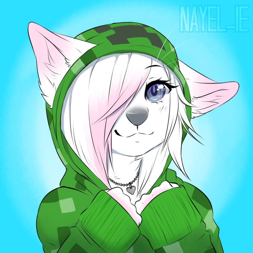 &lt;3 2014 anthro blue_eyes bust_portrait canine clothed clothing creeper female fox fur hoodie icon jewelry looking_at_viewer mammal minecraft nayel-ie necklace portrait shirowretched smile solo video_games white_fur