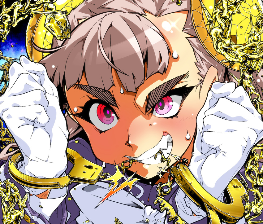 biting capcom_fighting_jam close-up commentary_request cuffs eyebrows face fang gloves hairpods handcuffs highres ingrid long_hair pink_eyes red_eyes silver_hair solo sweat thick_eyebrows usuiken white_gloves