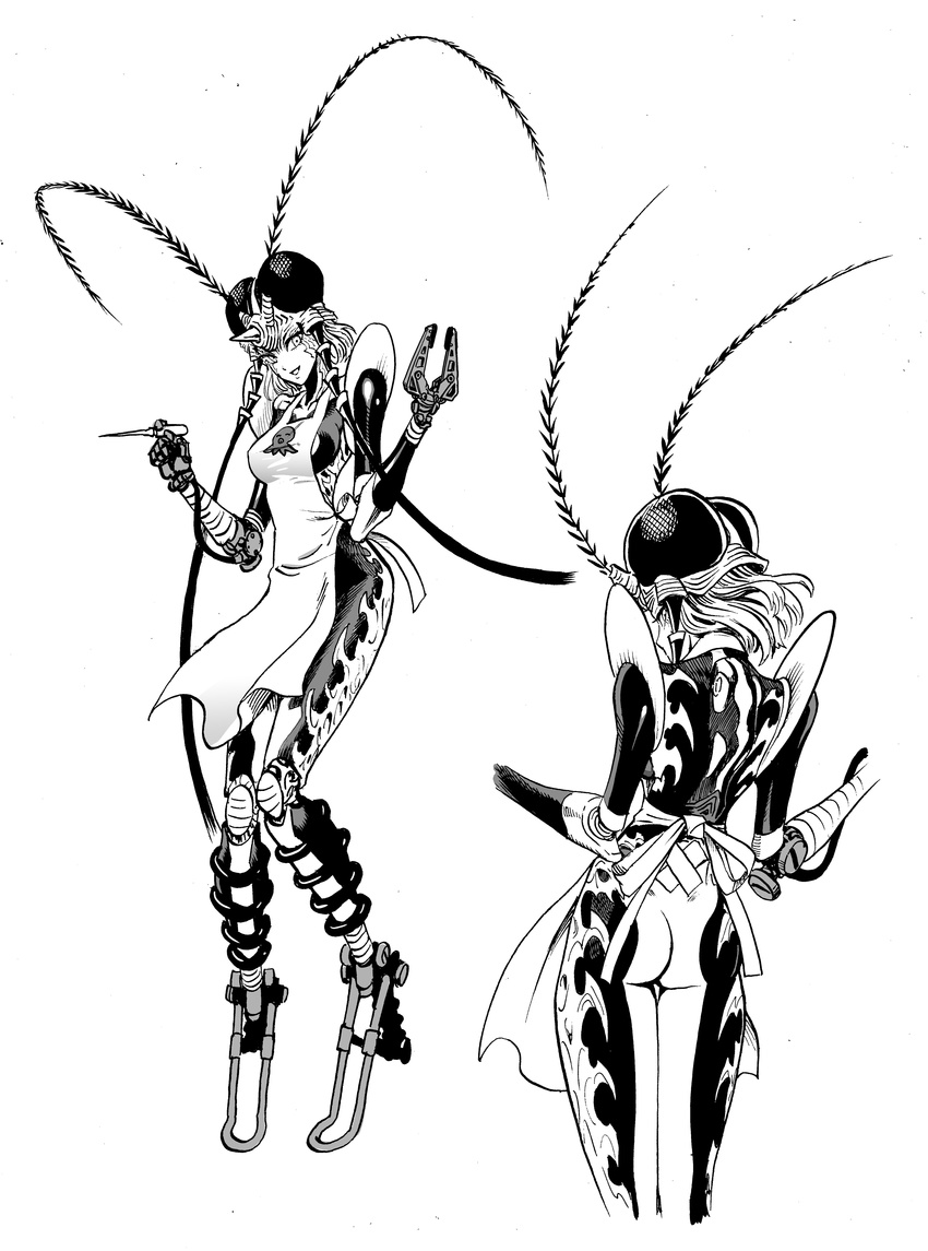 absurdres amputee antennae april_fools apron ass bandages breasts commentary cyborg digitigrade greyscale highres insect_girl long_legs mechanical_arm medium_breasts monochrome monster_girl mosquito_girl mosquito_musume multiple_views murata_yuusuke naked_apron needle one-punch_man prosthesis prosthetic_arm quadruple_amputee sideboob tattoo_machine what_if