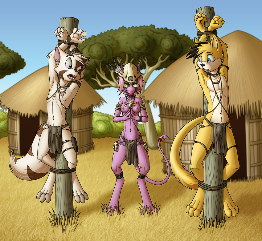 3_toes 4_fingers anthro armpits blue_eyes bound breasts brown_fur cat clothed clothing cream_fur dreamkeepers feline female fur jewelry loincloth lord-kiyo mace_(dreamkeepers) male mammal namah_calah navel necklace nipples outside skull spade_tail toes topless tree tribal yellow_fur