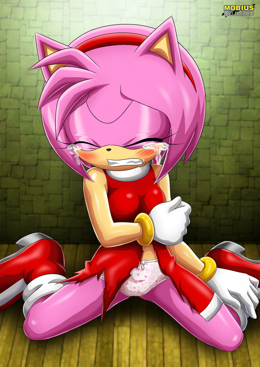2016 amy_rose bbmbbf blush clothing crying dress female footwear gloves hairband hedgehog imminent_rape lacing mammal mobius_unleashed palcomix palcomix_vip panties shoes solo sonic_(series) tears torn_clothing underwear