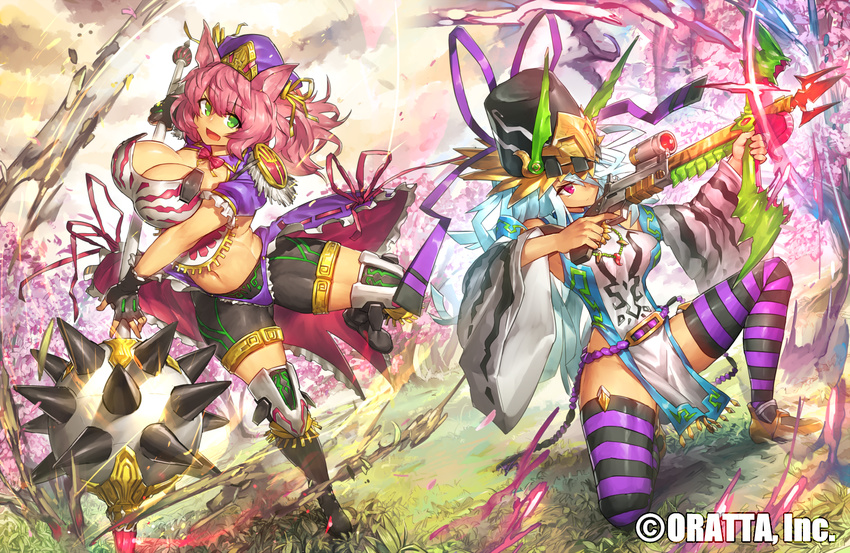 animal_ears bike_shorts bow_(weapon) breastplate breasts cat_ears china_dress chinese_clothes crossbow dress green_eyes hat hat_ribbon large_breasts long_hair melon22 multiple_girls navel official_art open_mouth original pink_eyes pink_hair ribbon showgirl_skirt side_slit silver_hair smile spiked_mace striped striped_legwear tail thighs very_long_hair weapon wide_sleeves