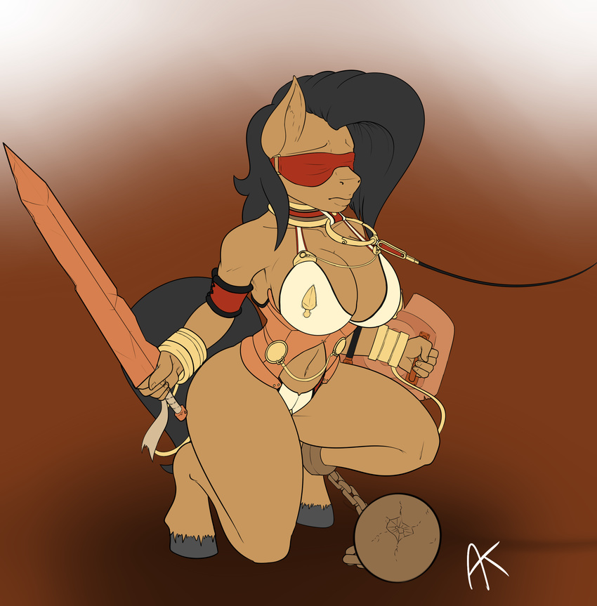 anthro appelknekten big_breasts black_hair blindfold bound branwen breasts chain clothed clothing collar equine female hair leash mammal melee_weapon pose queen's_blade restrained shield skimpy solo sword tight_clothing weapon