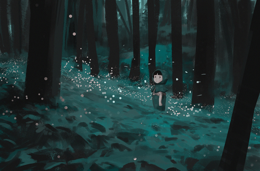 dark fireflies forest hood hotaru_no_haka japanese_clothes looking_at_viewer nature night scenery setsuko_(hotaru_no_haka) snatti solo studio_ghibli tree