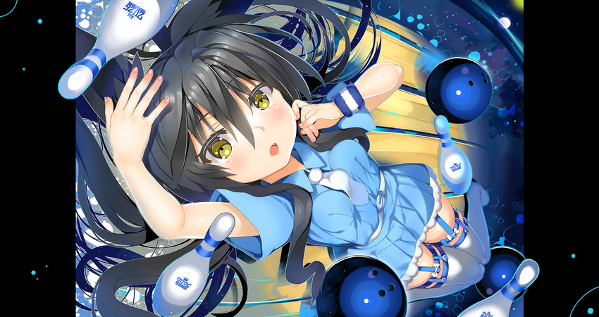 arm_up ball black_hair blush bowling_ball bowling_pin char highres long_hair looking_at_viewer lying necktie on_back open_mouth original short_sleeves skirt solo wristband yellow_eyes