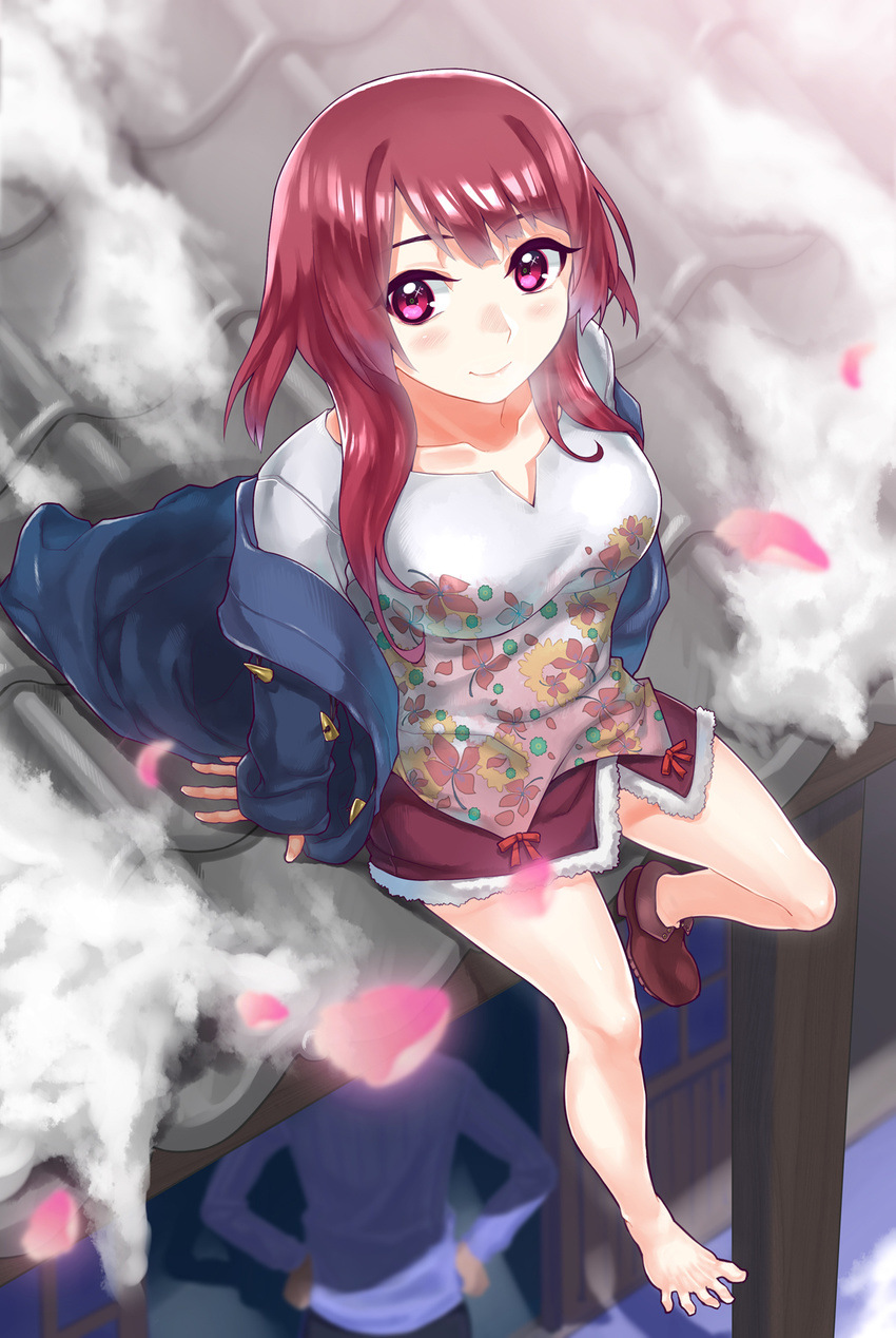 arm_support barefoot blush chu_kai_man highres jacket legs original petals pink_eyes red_hair shoes short_hair single_shoe sitting skirt smile snow solo spread_toes