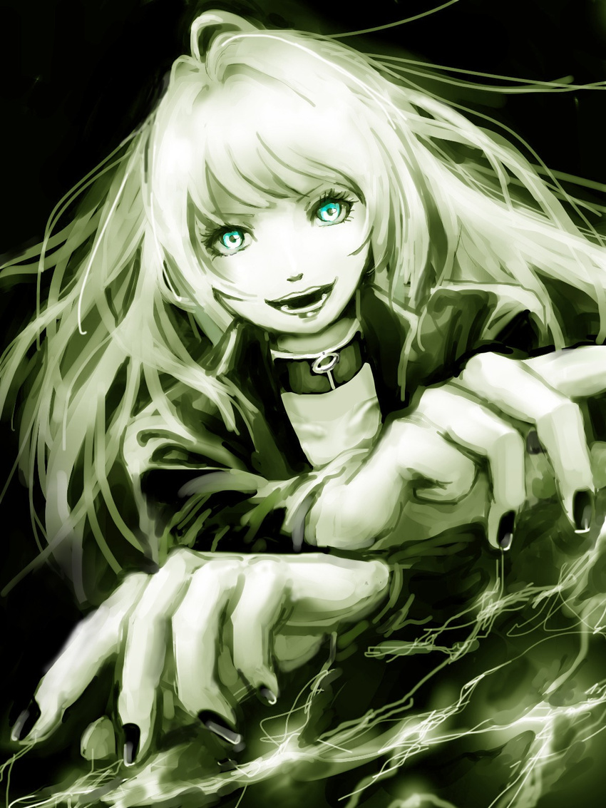 black_nails blue_eyes choker collarbone highres lipstick long_hair looking_at_viewer makeup monochrome nail_polish nemissa open_mouth shin_megami_tensei silver_hair smile solo soul_hackers spot_color y_(pixiv1616946)