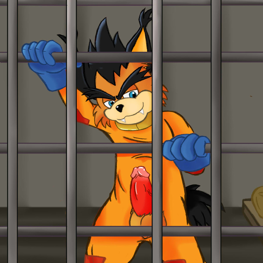 anthro balls cell circumcised clothing cute_fangs digital_media_(artwork) feline front_view gloves humanoid_penis looking_at_viewer lynx male mammal naughty_face penis penis_through_fly pinup poking_out pose prison prisoner seamaster solo standing uniform