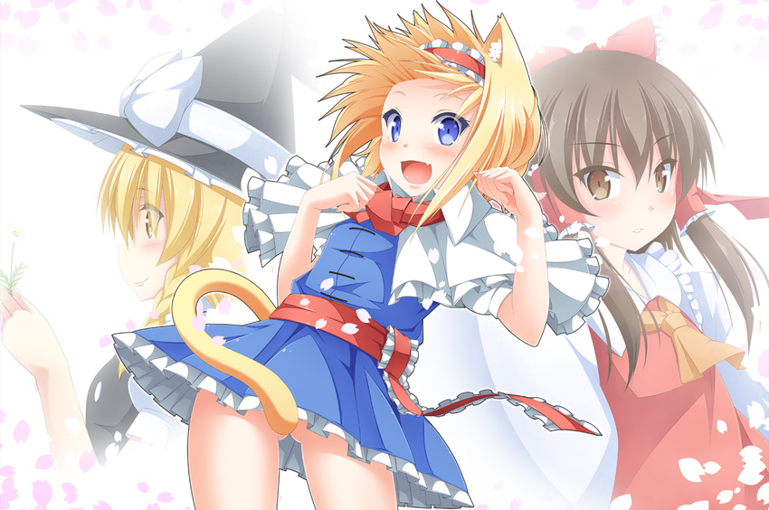 alice_margatroid animal_ears anni_minto ascot ass_visible_through_thighs blonde_hair blush bow brown_eyes brown_hair capelet cat_ears cat_tail convenient_censoring fang hair_bow hair_tubes hairband hakurei_reimu hat hat_bow kemonomimi_mode kirisame_marisa multiple_girls open_mouth paw_pose petals tail touhou witch_hat yellow_eyes