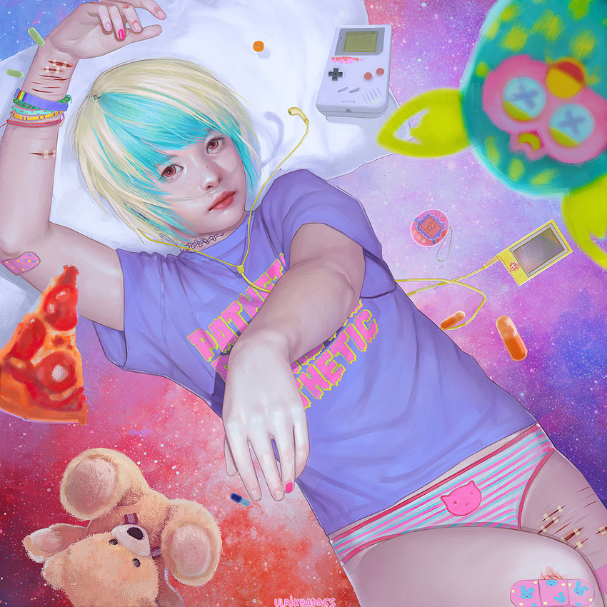 90s androgynous aqua_hair artist_name bandaid bandaid_on_knee blonde_hair blurry bracelet breathing_tube bunny cat commentary cowboy_shot cuts depth_of_field digital_media_player earphones english english_commentary food furby game_boy guro handheld_game_console highres injury jewelry lips looking_at_viewer male_focus multicolored_hair nail_polish nasal_cannula no_pants original panties pastel_colors pillow pink_nails pizza realistic short_hair slice_of_pizza stuffed_animal stuffed_toy tamagotchi teddy_bear two-tone_hair ulrik underwear wrist_cutting x_x
