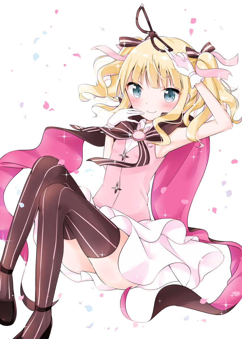 armpits bangs black_bow black_cape black_footwear black_legwear black_neckwear blonde_hair blue_eyes blunt_bangs blush bow bowtie breasts brooch cape closed_mouth commentary_request domino_mask eyebrows_visible_through_hair gloves gochuumon_wa_usagi_desu_ka? hair_bow hand_to_own_mouth hand_up highres holding holding_mask jewelry kirima_sharo layered_skirt long_hair looking_at_viewer mary_janes mask mask_removed petals phantom_thief_lapin pink_vest shirt shoes sidelocks skirt sleeveless sleeveless_shirt small_breasts smile solo sparkle striped striped_bow striped_legwear striped_neckwear thighhighs thighs twintails uchuuneko vertical-striped_legwear vertical_stripes vest wavy_hair white_background white_gloves white_shirt white_skirt