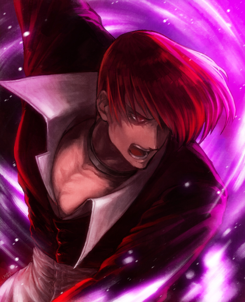 absurdres choker cropped_jacket fire food_fighter_441 grin hair_over_one_eye highres jacket male_focus open_mouth pants purple_fire pyrokinesis red_eyes red_hair shirt smile solo the_king_of_fighters yagami_iori