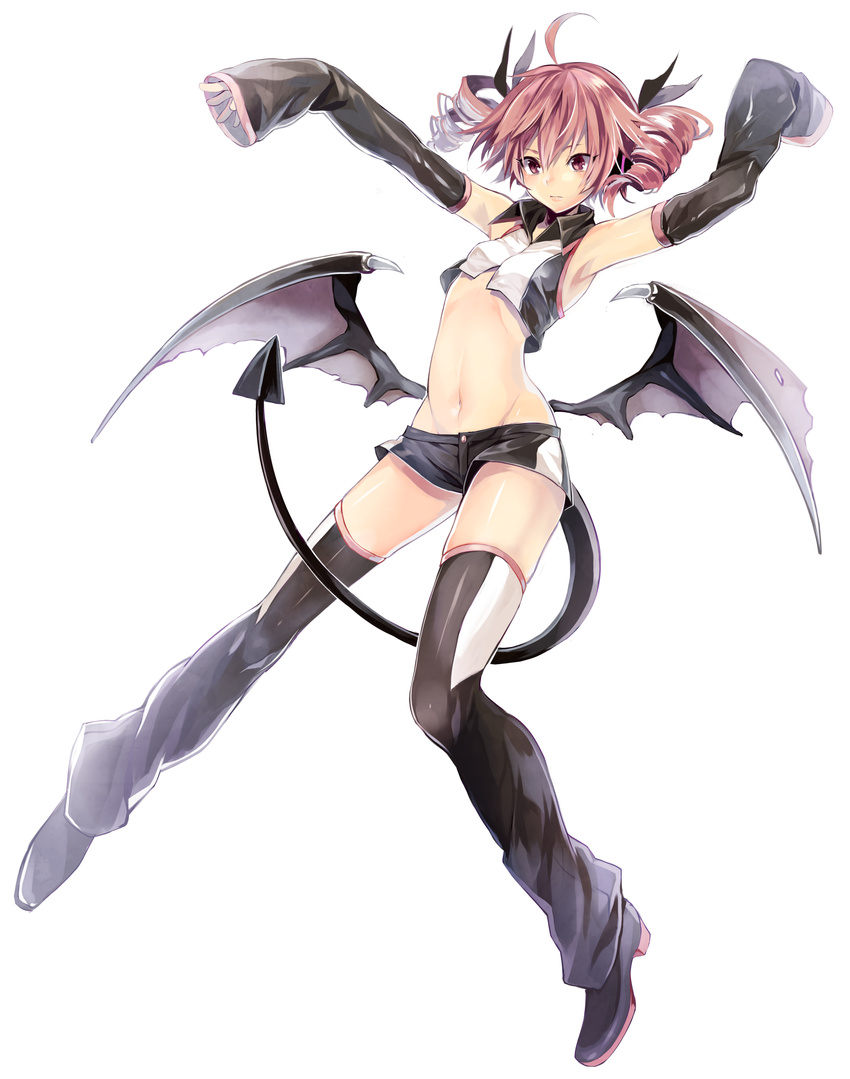 absurdres ahoge alternate_costume armpits arms_up bangs bat_wings between_legs black_footwear black_legwear black_ribbon black_shorts black_wings breasts closed_mouth collared_shirt crop_top demon_tail demon_wings detached_sleeves drill_hair full_body groin hair_between_eyes hair_ribbon headphones highres kasane_teto low_wings midriff navel outstretched_arms red_eyes red_hair ribbon ribs shirt shoes shorts simple_background sleeves_past_wrists small_breasts solo stomach tail tail_between_legs toudou_charo twin_drills twintails utau white_background wings