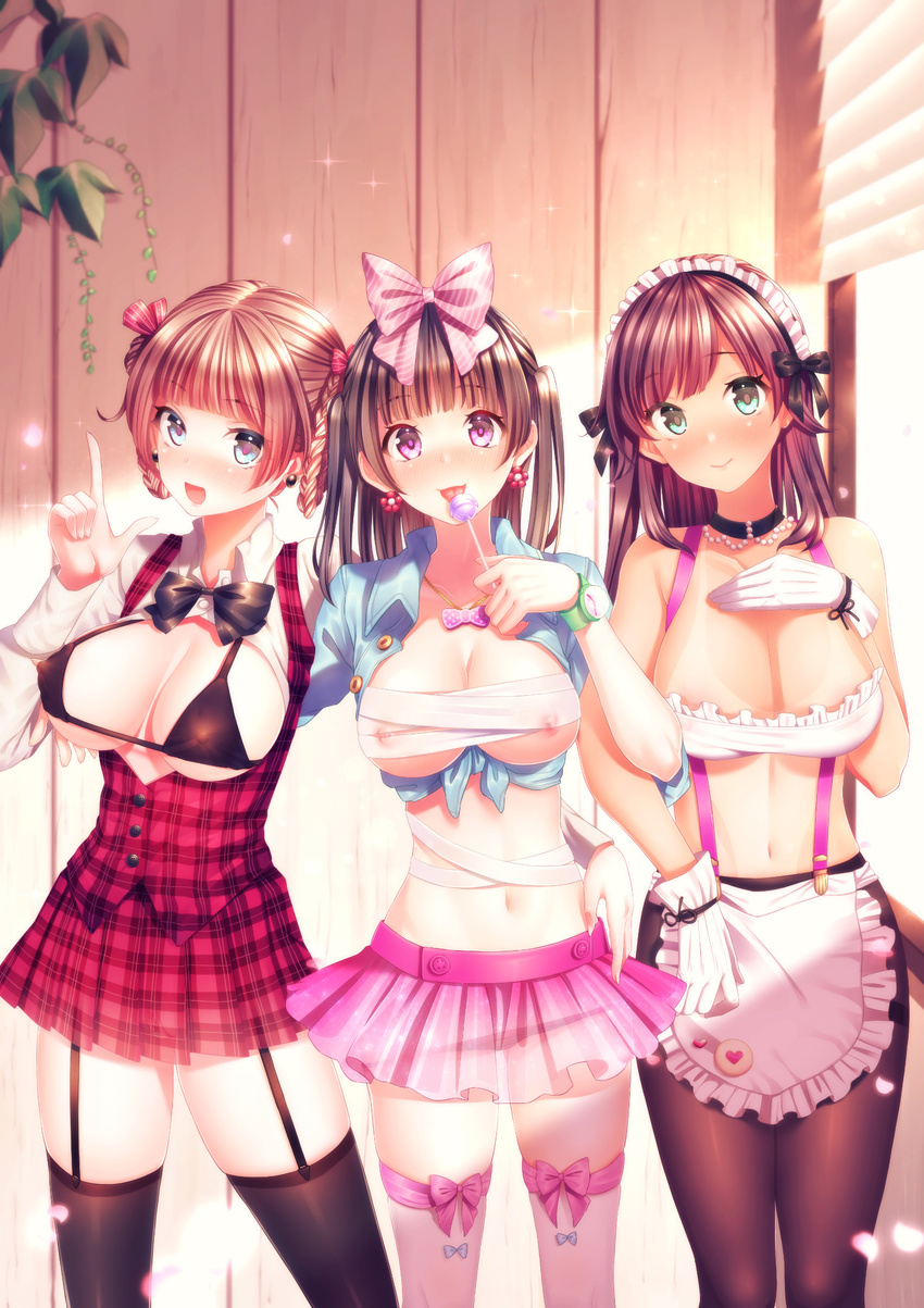 apron arm_around_back arm_around_waist bandages bangs black_legwear blue_eyes blush bow bra breasts breasts_outside brown_hair candy choker covered_nipples dress_shirt earrings food garter_straps gloves green_eyes hair_ribbon highres jewelry large_breasts lollipop long_hair long_sleeves looking_at_viewer maid_headdress multiple_girls nipples open_clothes open_mouth open_shirt original pantyhose red_eyes ribbon shirt skirt smile suihei_sen thighhighs tied_shirt tongue tongue_out underwear