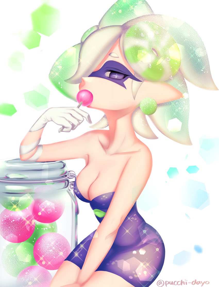 absurdres bare_shoulders between_legs breasts candy collarbone domino_mask dress earrings food food_on_head glass gloves hair_over_one_eye hand_between_legs highres holding holding_food hotaru_(splatoon) jar jewelry lens_flare lollipop looking_at_viewer mask medium_breasts no_legwear object_on_head one_eye_covered pointy_ears puchiman purple_dress purple_eyes short_dress silver_hair solo sparkle sphere splatoon_(series) splatoon_1 strapless strapless_dress tentacle_hair twitter_username white_background white_gloves