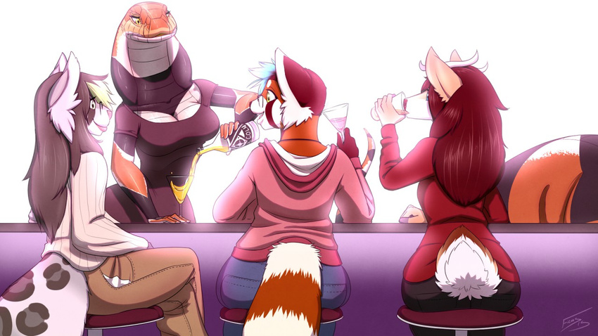 anthro bar big_breasts breasts canine cervine cleavage clothed clothing coral_(rismic) deer feline female ficus fox group hood leopard long_tail mammal naga reptile scalie snake stripes sweater yellow_eyes