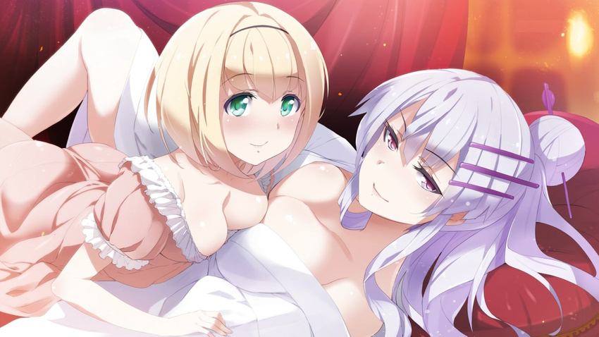 artist_request asymmetrical_docking blonde_hair blush breast_press breasts cleavage eyecatch frills frolaytia_capistrano green_eyes hair_ornament hairband hairclip hairpin heavy_object highres japanese_clothes kimono large_breasts long_hair looking_at_viewer medium_breasts milinda_brantini multiple_girls purple_eyes purple_hair short_hair smile yukata