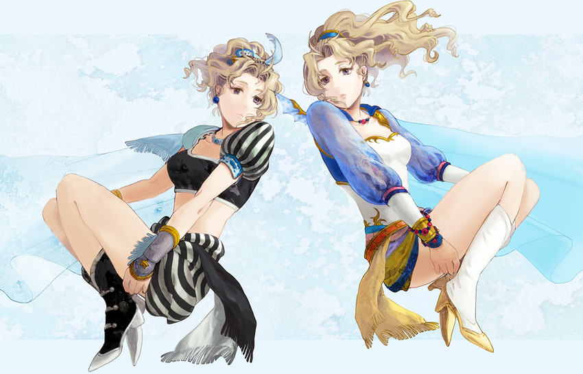 alternate_costume blonde_hair bow cape dissidia_012_final_fantasy dissidia_final_fantasy dual_persona earrings final_fantasy final_fantasy_vi hair_ribbon jewelry long_hair multiple_girls ponytail ribbon tina_branford verbotene64 wings