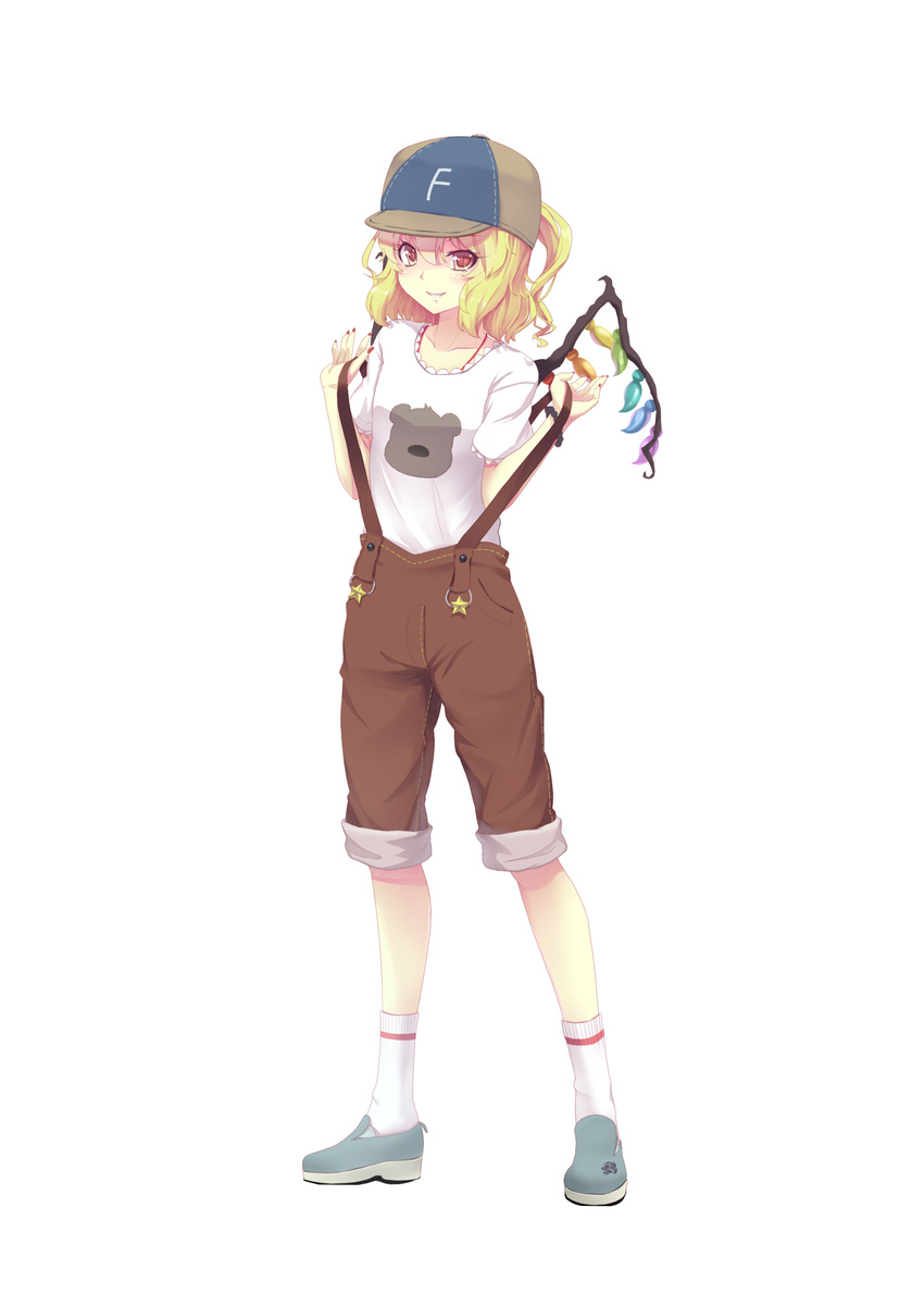 absurdres alternate_costume baseball_cap blonde_hair blush contemporary crystal flandre_scarlet full_body hat highres loafers looking_at_viewer multicolored multicolored_wings nail_polish orange_eyes pants pants_rolled_up red_nails shirt shoes short_sleeves shorts side_ponytail smile solo sonikey0_0 suspender_shorts suspenders suspenders_pull touhou white_background white_legwear white_shirt wings