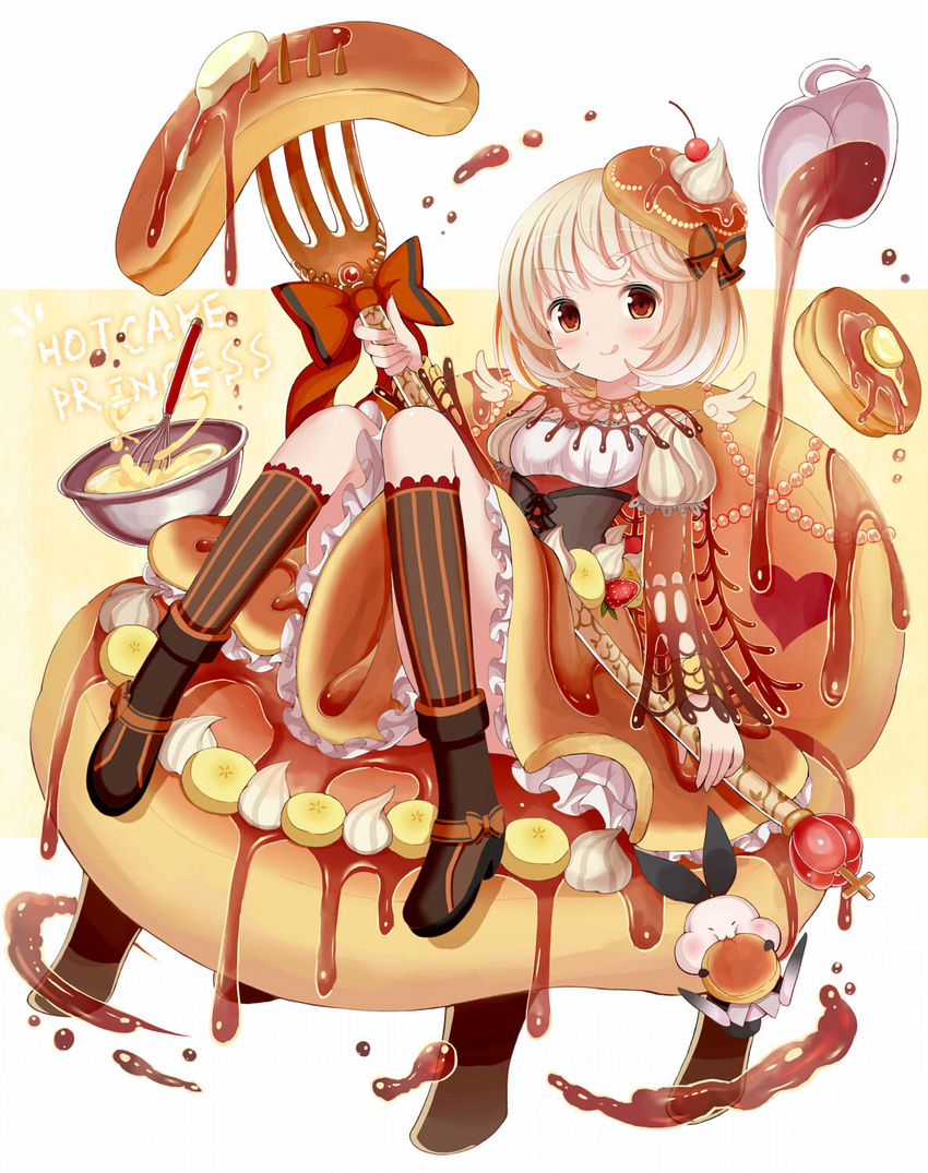 banana_slice blonde_hair bowl brown_eyes cherry commentary_request food food_themed_clothes fork fruit givuchoko hair_ornament highres juliet_sleeves licking long_sleeves looking_at_viewer mixing_bowl morinaga_(brand) original pancake personification puffy_sleeves revision shirt short_hair sitting skirt smile solo syrup whipped_cream whisk