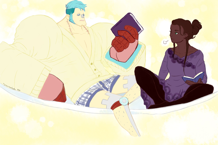 1boy 1girl blue_hair book franky hammock nico_robin one_piece reading sitting